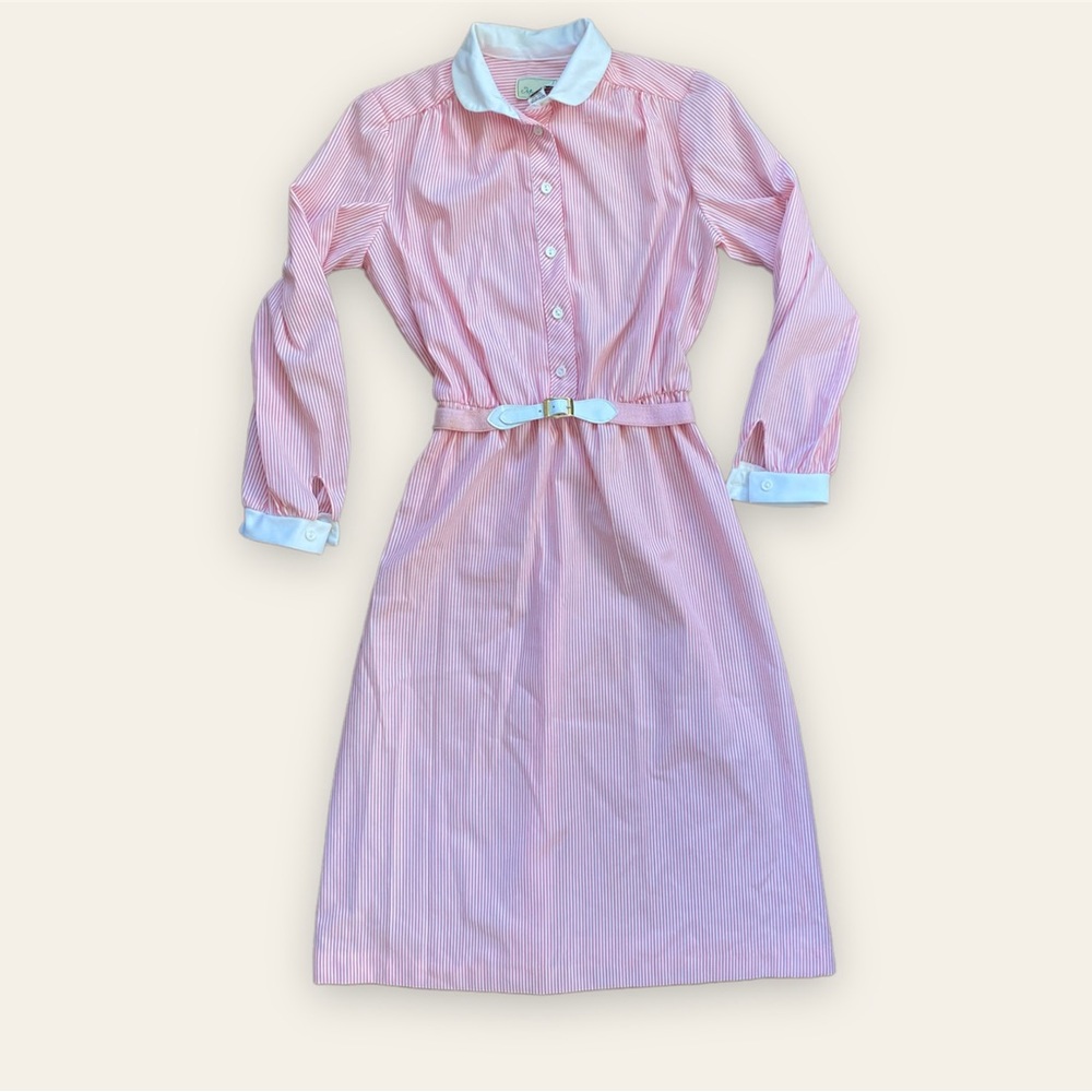 Women’s Vintage Long Sleeve Pink and White Striped Midi Dress